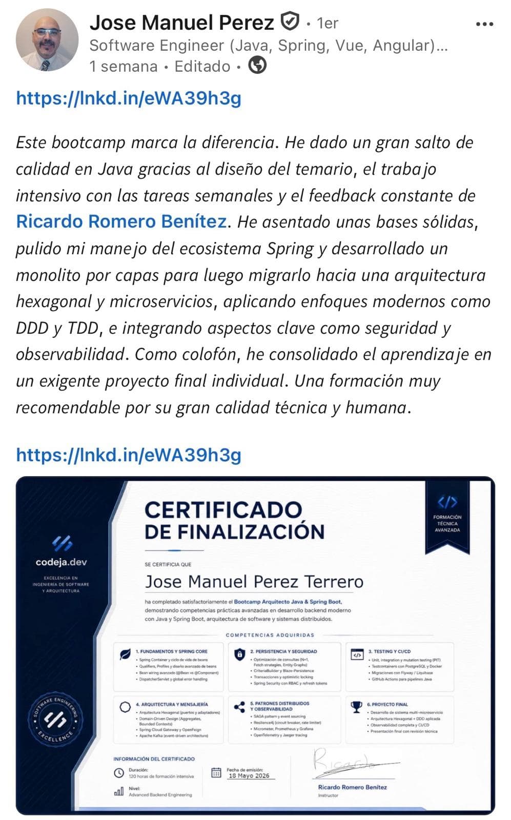 LinkedIn post de José